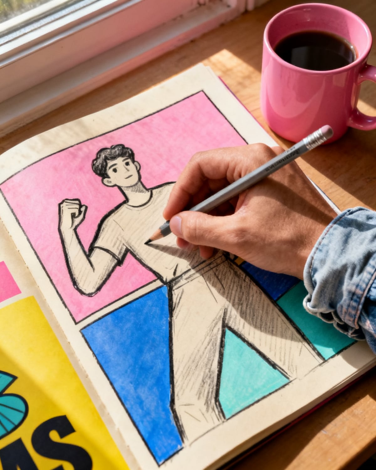An artist's hand sketching at a desk